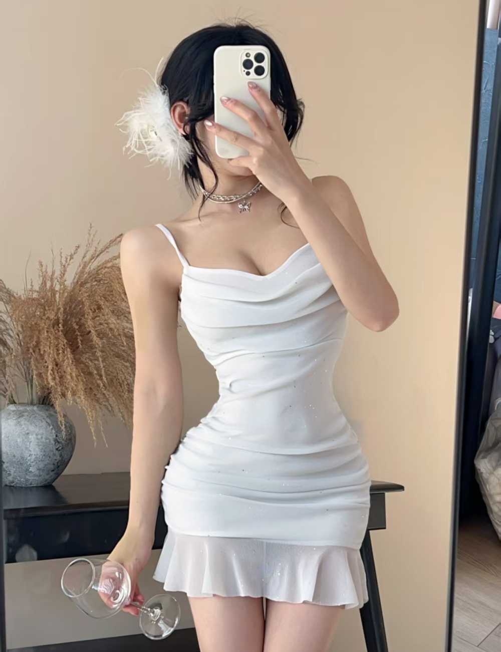 Lotus leaf edges gauze short sling low-cut sexy dress