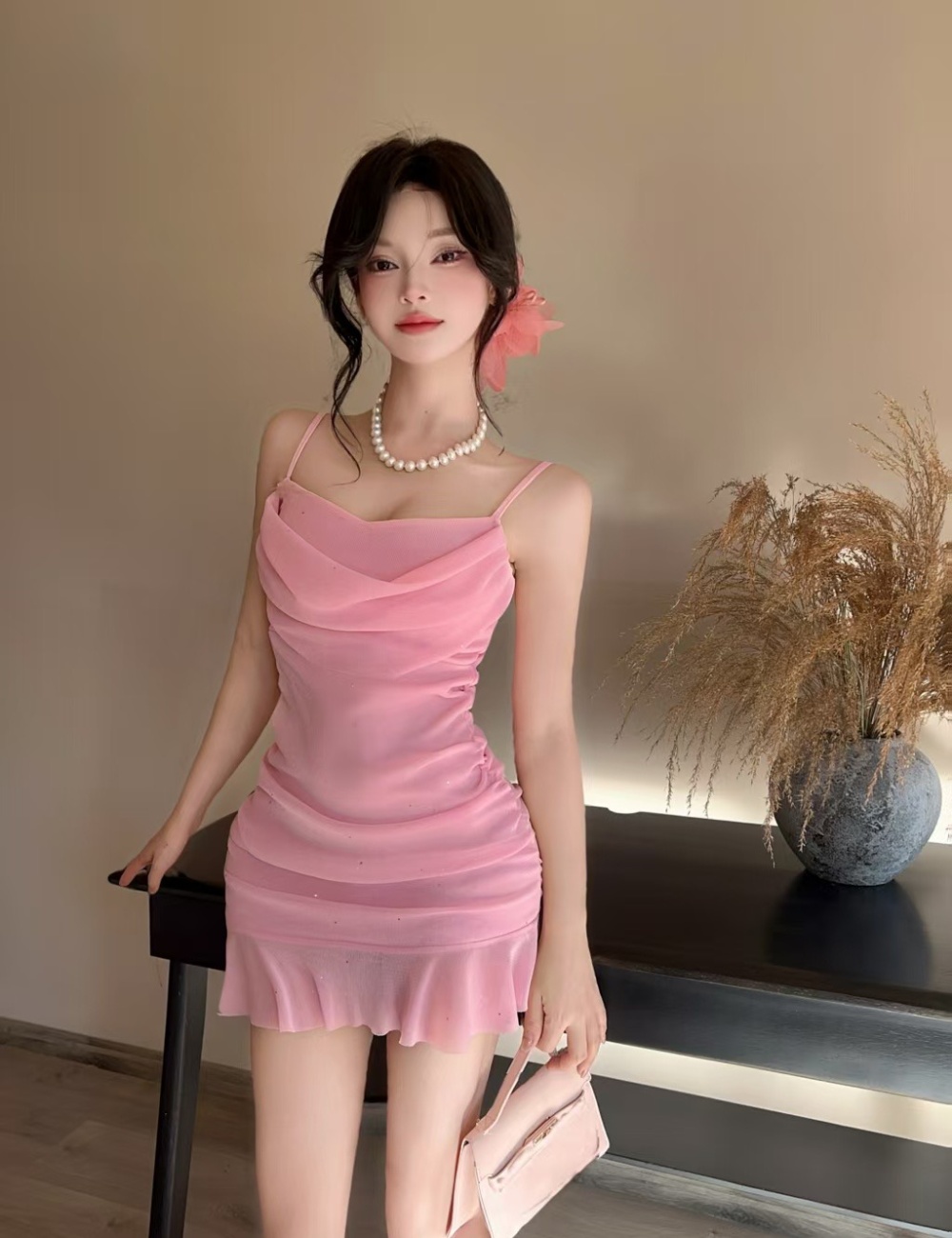 Lotus leaf edges gauze short sling low-cut sexy dress