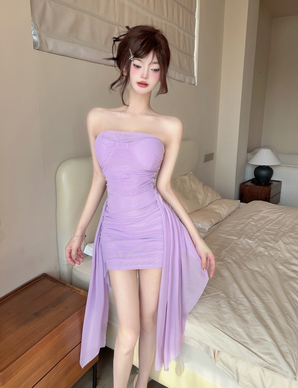 Sling short tassels irregular bandage dress