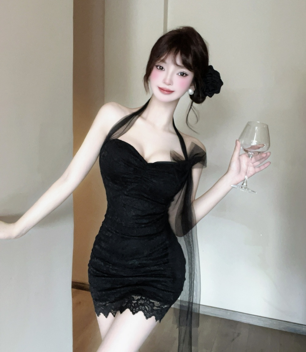 Gauze lace splice bandage sexy package hip dress