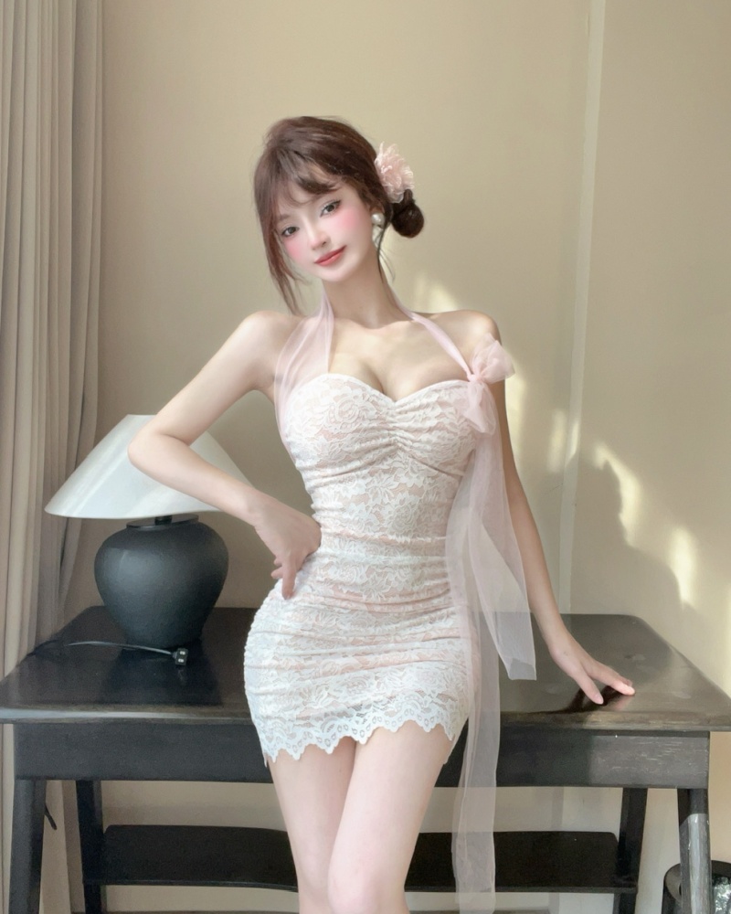 Gauze lace splice bandage sexy package hip dress