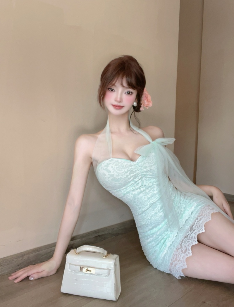 Gauze lace splice bandage sexy package hip dress