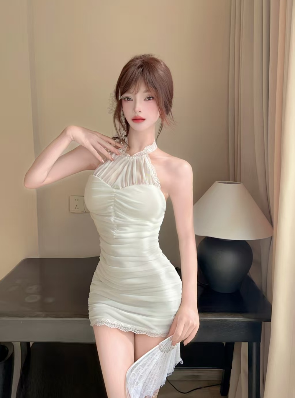 Gauze halter package hip short sexy dress