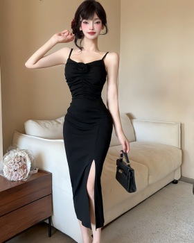 Long retro V-neck evening dress rose split dress