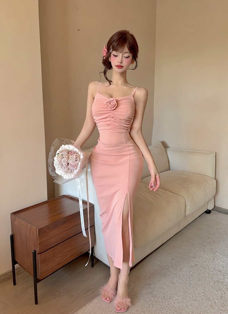 Long retro V-neck evening dress rose split dress