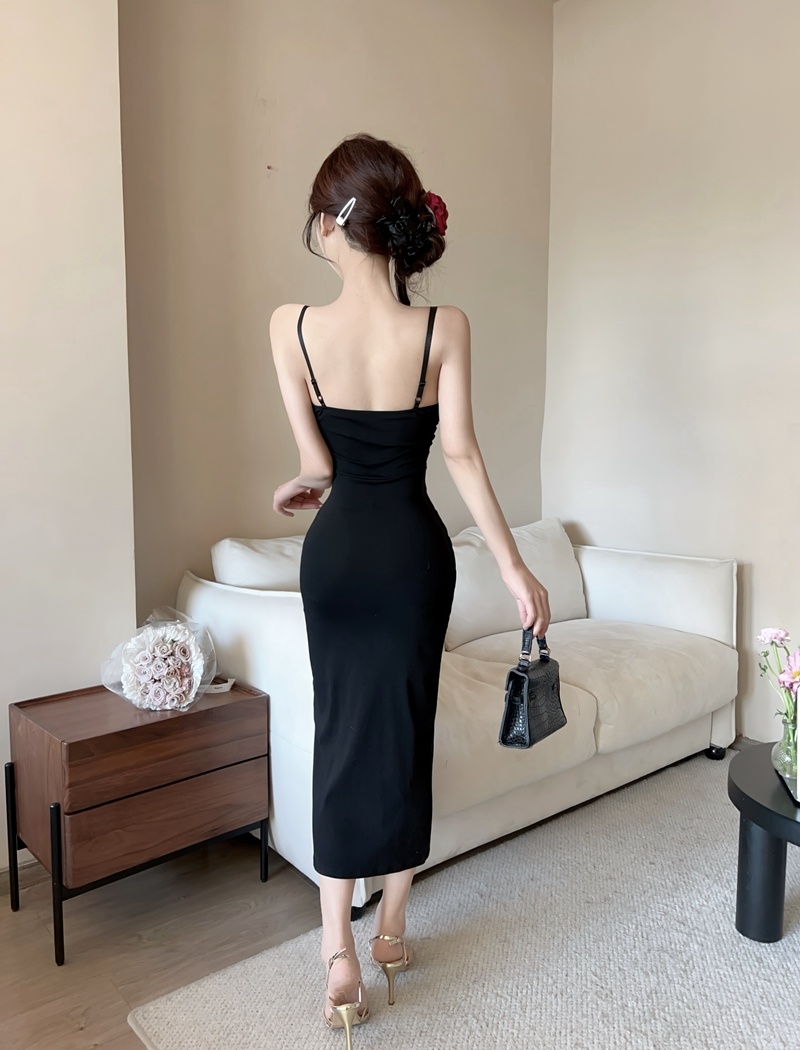 Long retro V-neck evening dress rose split dress