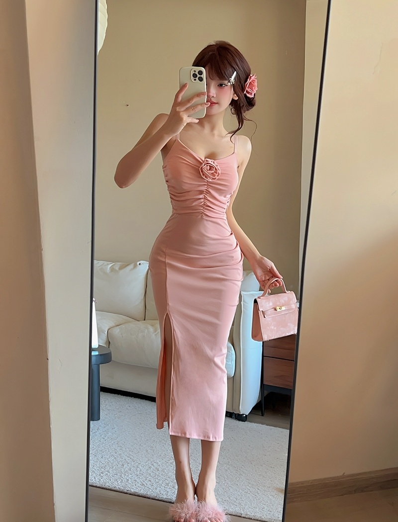 Long retro V-neck evening dress rose split dress