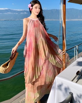 Pleated summer vacation seaside slim halter dress for women