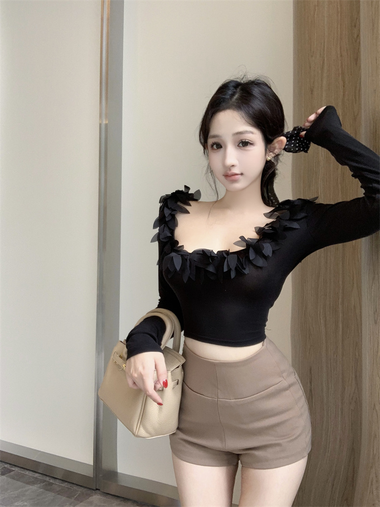 Square collar navel short long sleeve T-shirt