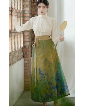 Printing long skirt retro horse-face skirt a set