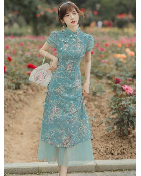 Floral spring and autumn cheongsam peacock dress