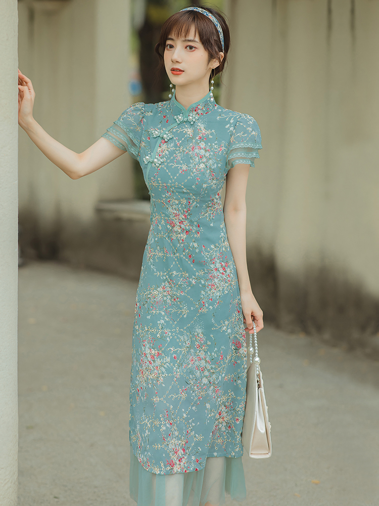 Floral spring and autumn cheongsam peacock dress