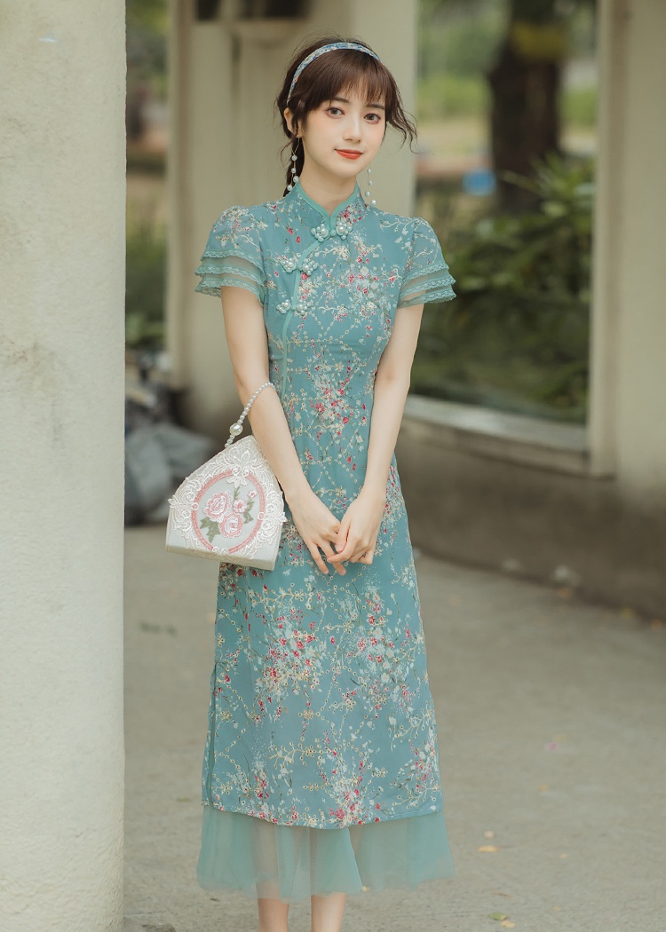 Floral spring and autumn cheongsam peacock dress