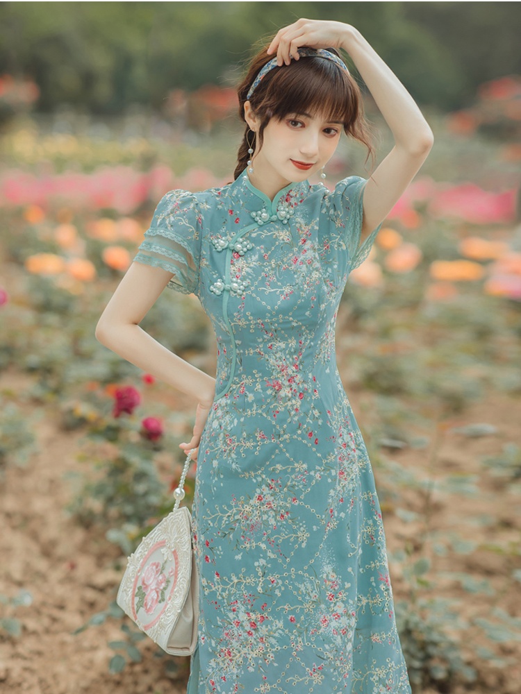 Floral spring and autumn cheongsam peacock dress