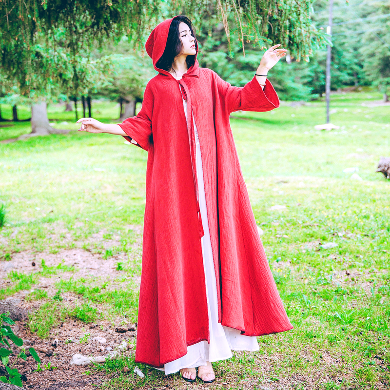 Small red hat long vacation retro cotton linen cloak for women