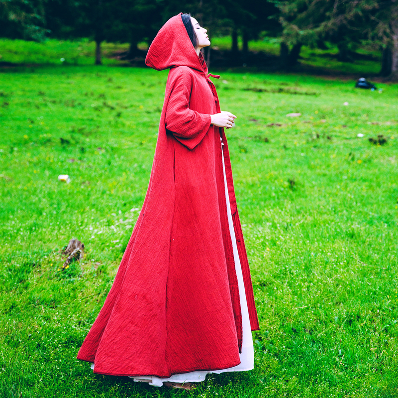 Small red hat long vacation retro cotton linen cloak for women