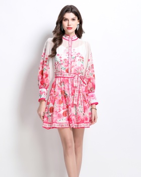 Painting flowers vacation cstand collar dress