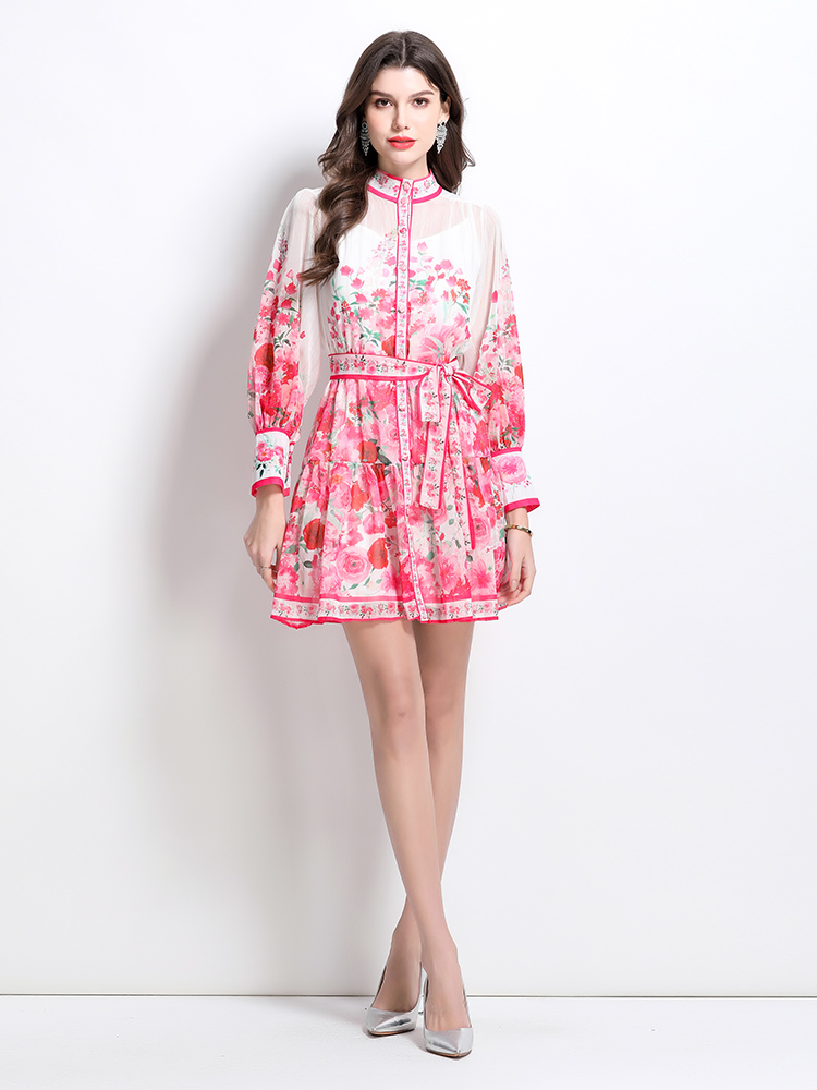 Painting flowers vacation cstand collar dress