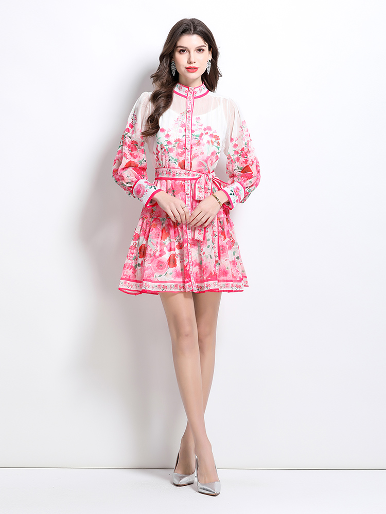 Painting flowers vacation cstand collar dress