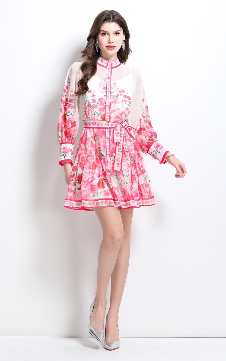 Painting flowers vacation cstand collar dress