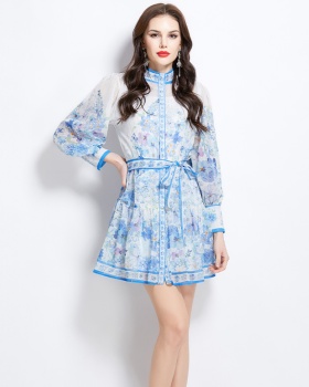 Cstand collar flowers spring and summer short dress