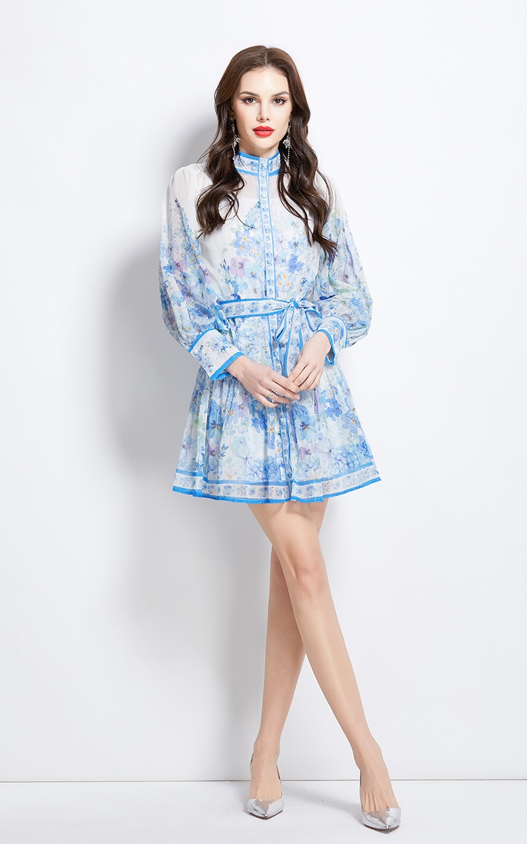 Cstand collar flowers spring and summer short dress