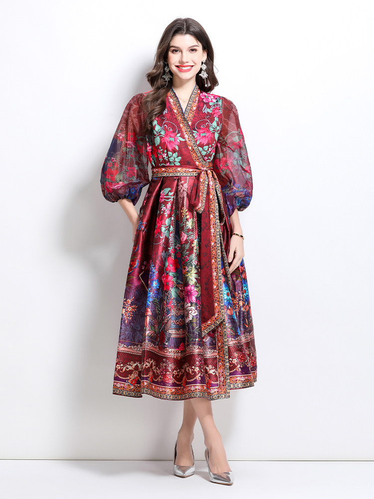 Satin printing spring long V-neck national style dress