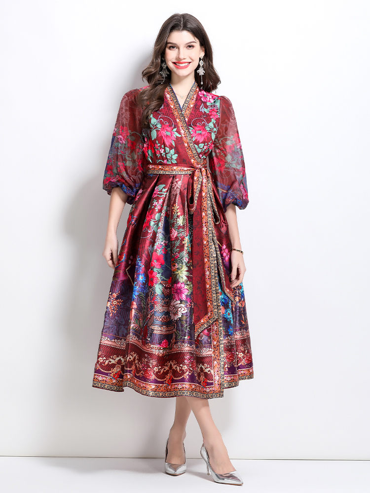 Satin printing spring long V-neck national style dress