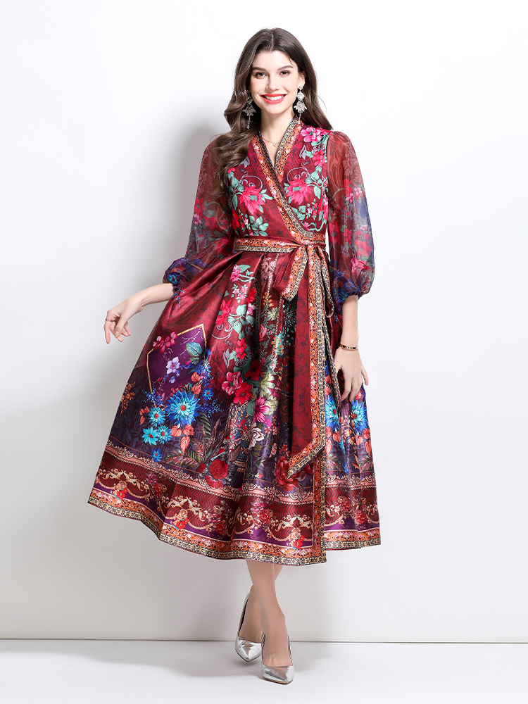 Satin printing spring long V-neck national style dress