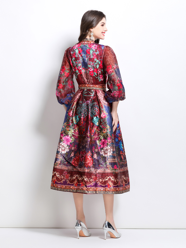 Satin printing spring long V-neck national style dress