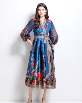 Satin national style long V-neck printing spring dress