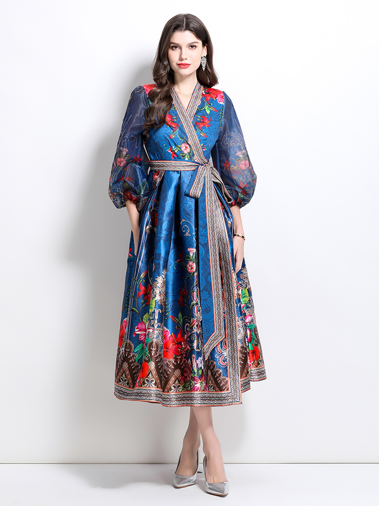 Satin national style long V-neck printing spring dress