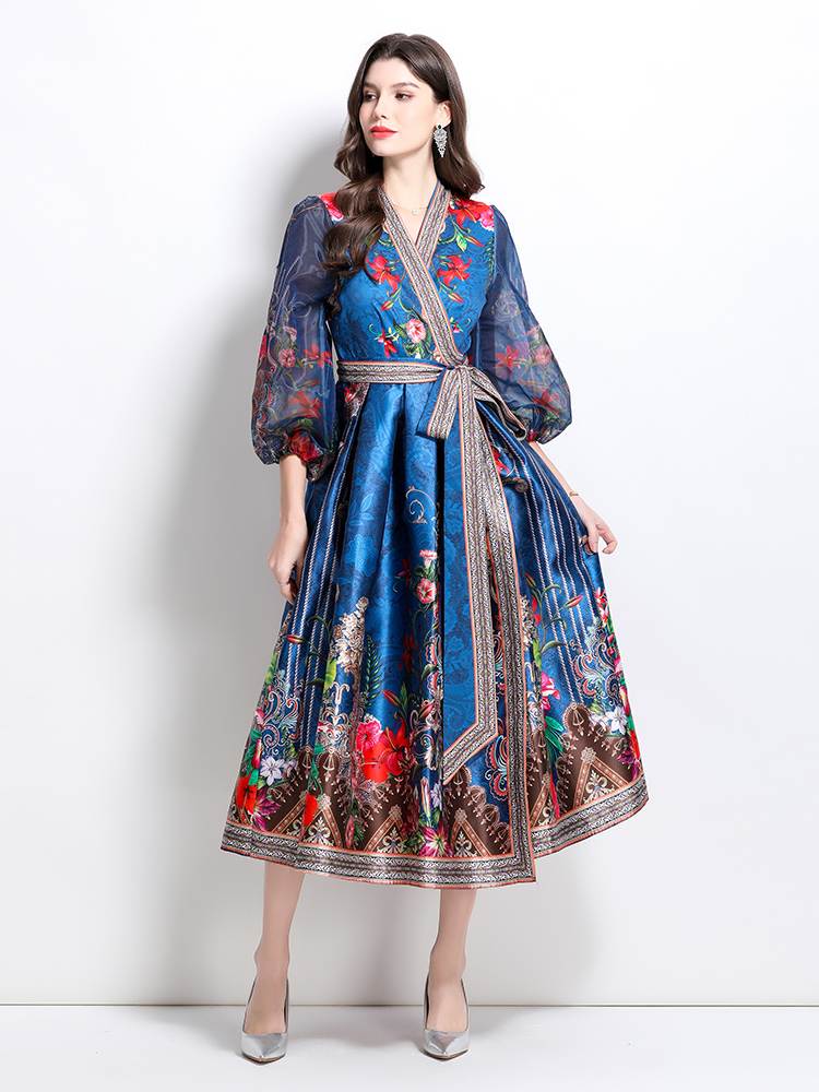 Satin national style long V-neck printing spring dress