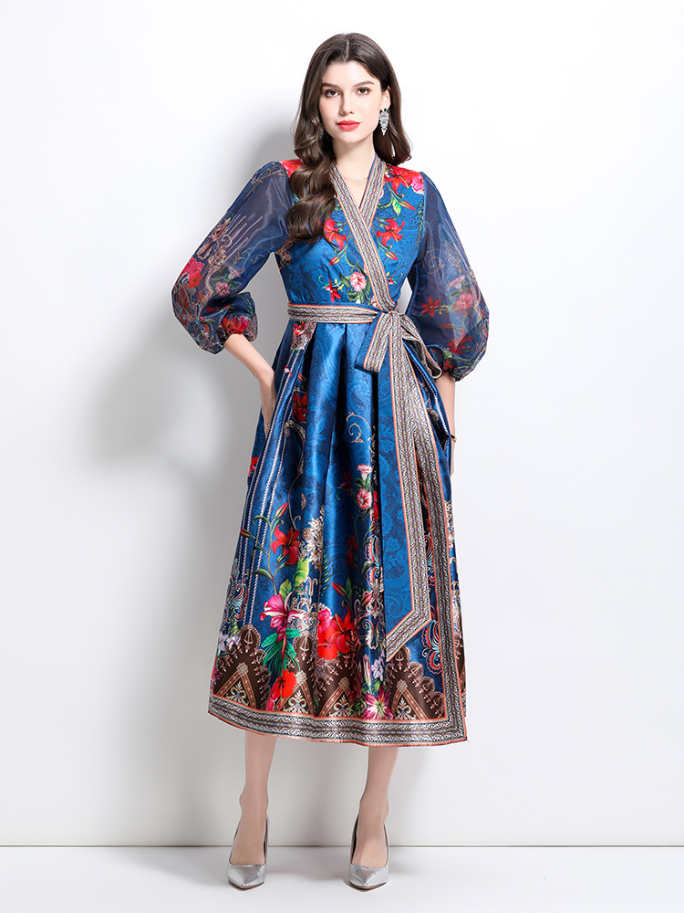 Satin national style long V-neck printing spring dress