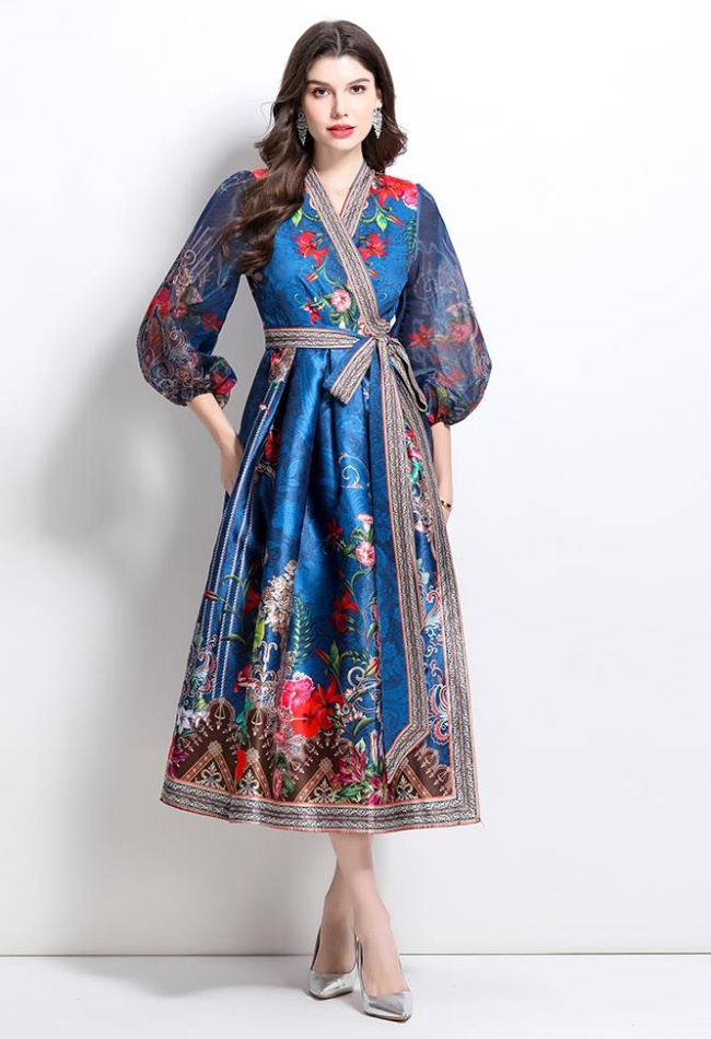 Satin national style long V-neck printing spring dress