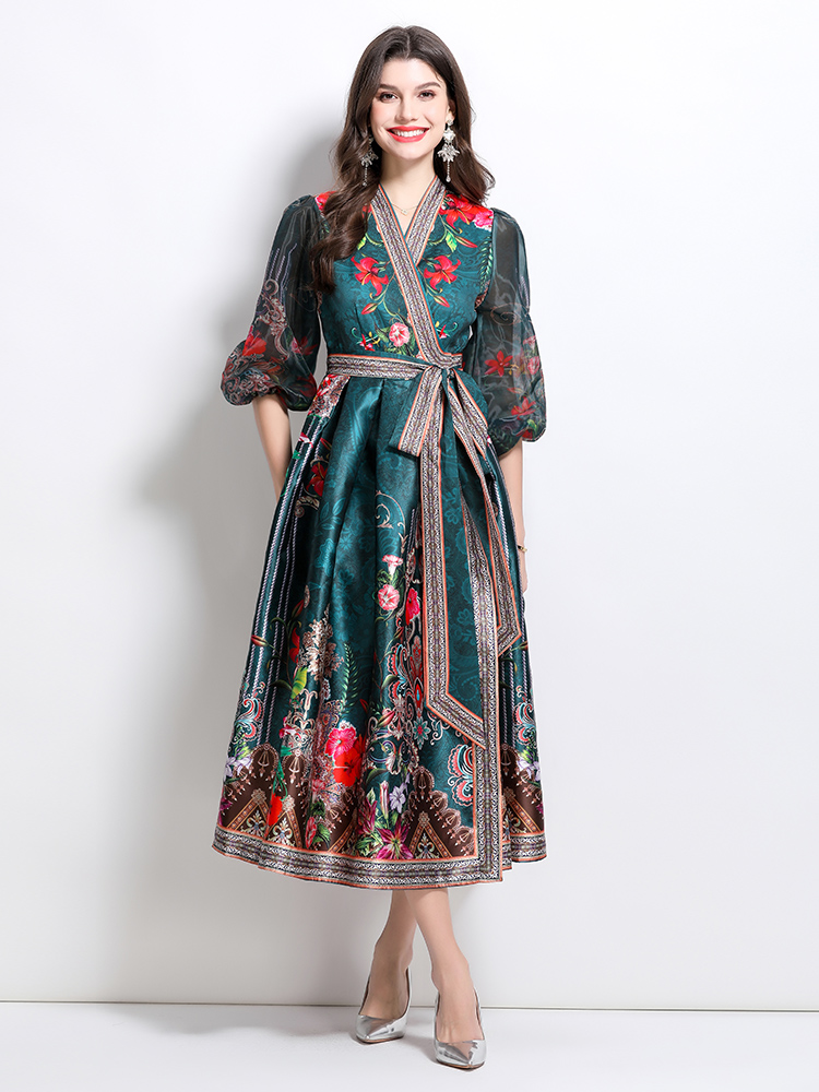 Printing spring national style satin V-neck long dress