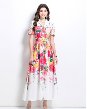 Flowers V-neck painting spring and summer long dress