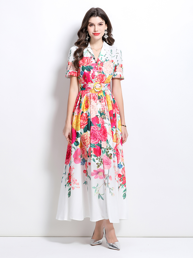 Flowers V-neck painting spring and summer long dress