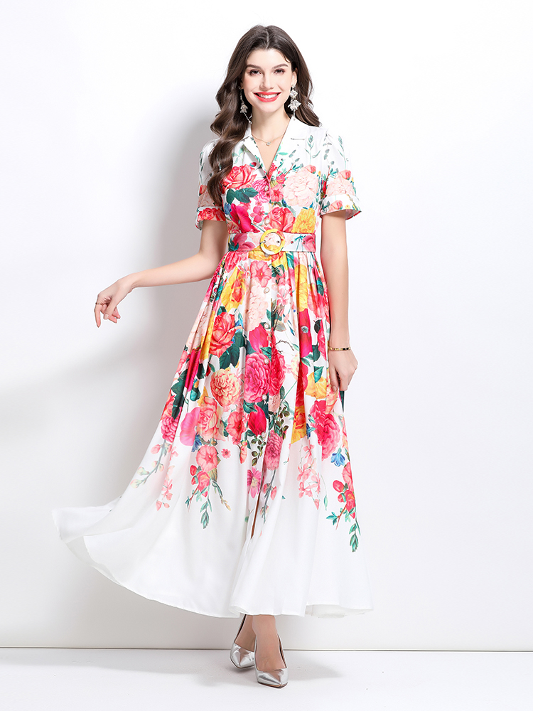 Flowers V-neck painting spring and summer long dress