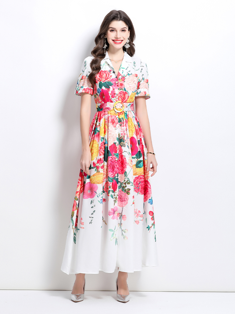 Flowers V-neck painting spring and summer long dress