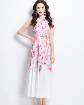 Vacation sleeveless spring flowers long painting dress