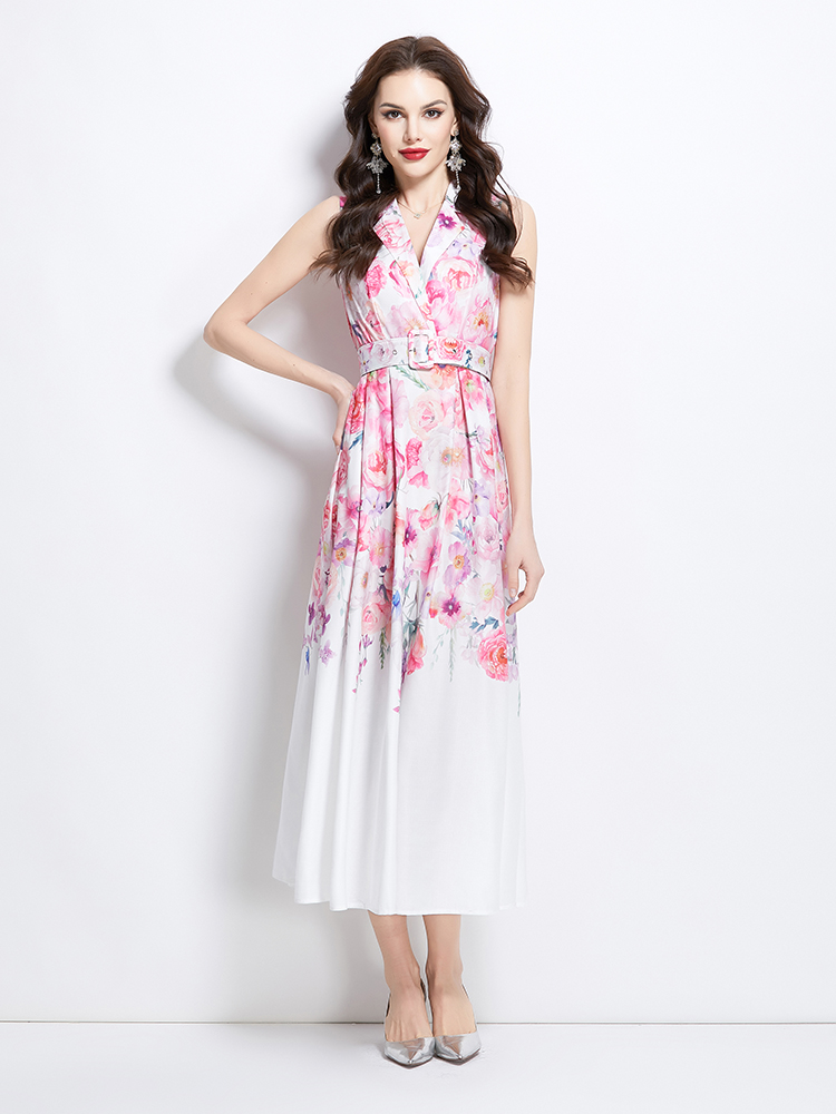 Vacation sleeveless spring flowers long painting dress