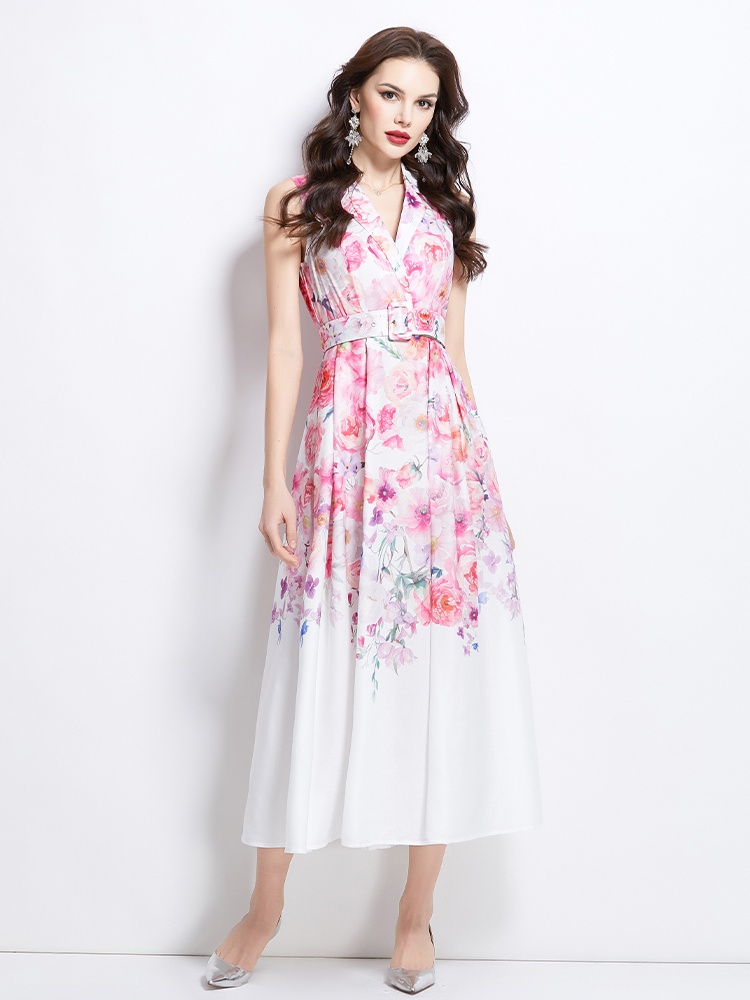 Vacation sleeveless spring flowers long painting dress