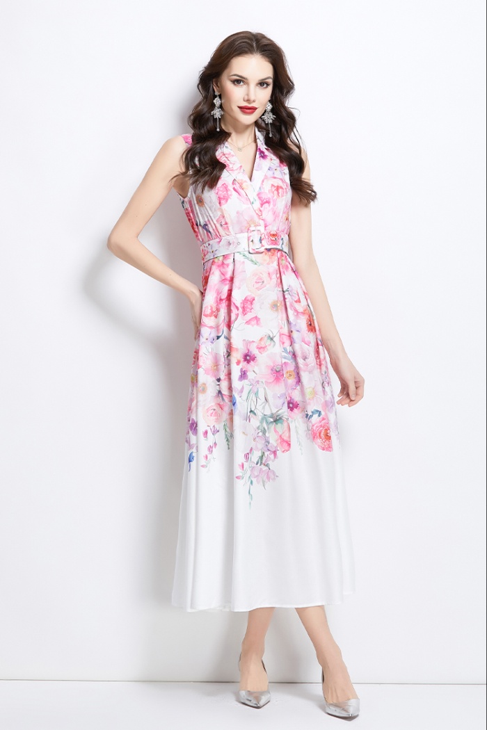 Vacation sleeveless spring flowers long painting dress