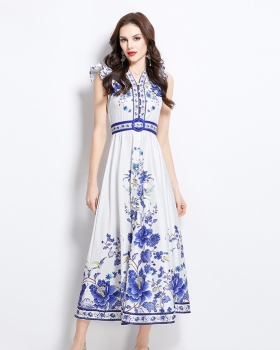 Spring retro printing temperament big skirt dress