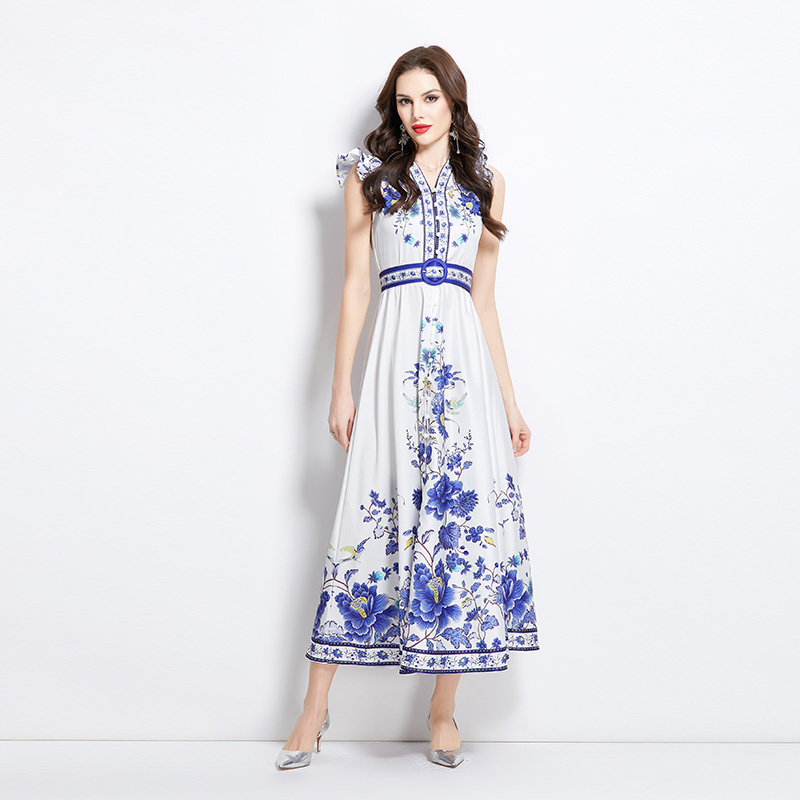 Spring retro printing temperament big skirt dress