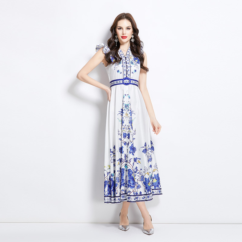 Spring retro printing temperament big skirt dress