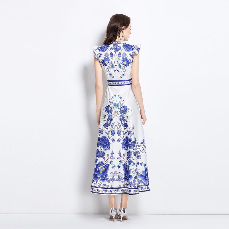 Spring retro printing temperament big skirt dress