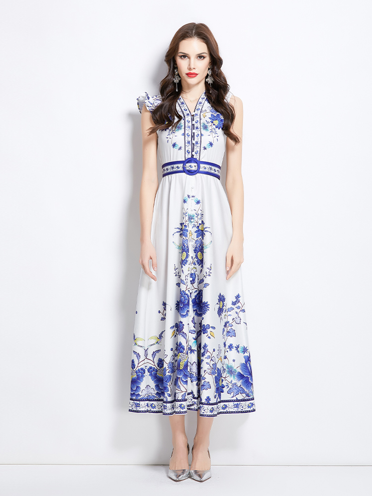 Spring retro printing temperament big skirt dress