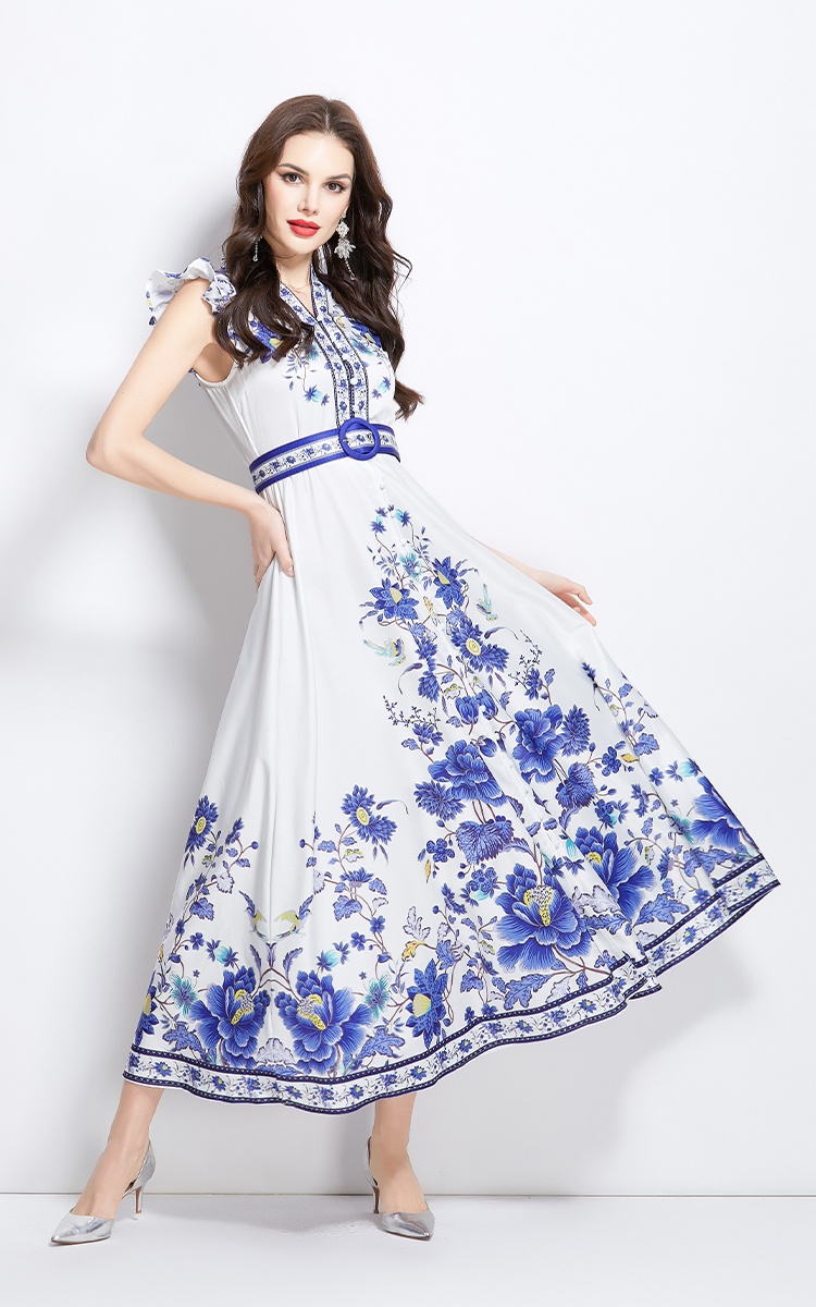 Spring retro printing temperament big skirt dress